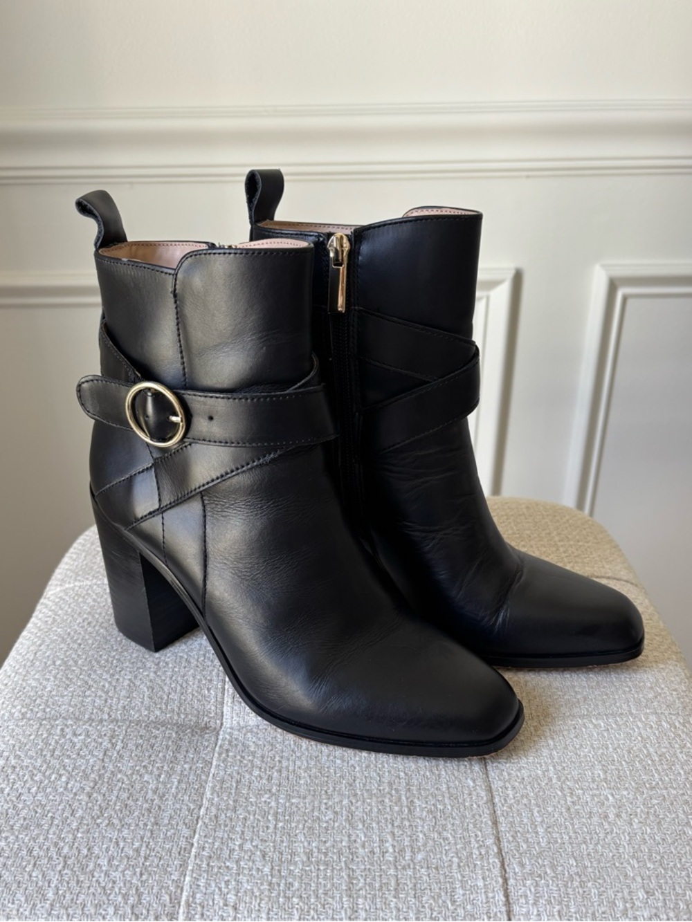 Saks Fifth Avenue Black Leather Ankle Boot with Gold Ring Strap - Picture 3 of 6